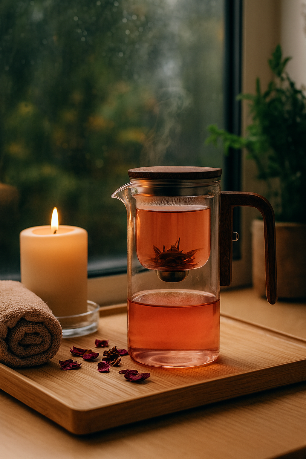 Théière en Verre Borosilicaté 600 ml – Poignée Bois, Filtration à un Clic – Variante Théière Seule ou Coffret avec 6 Tasses