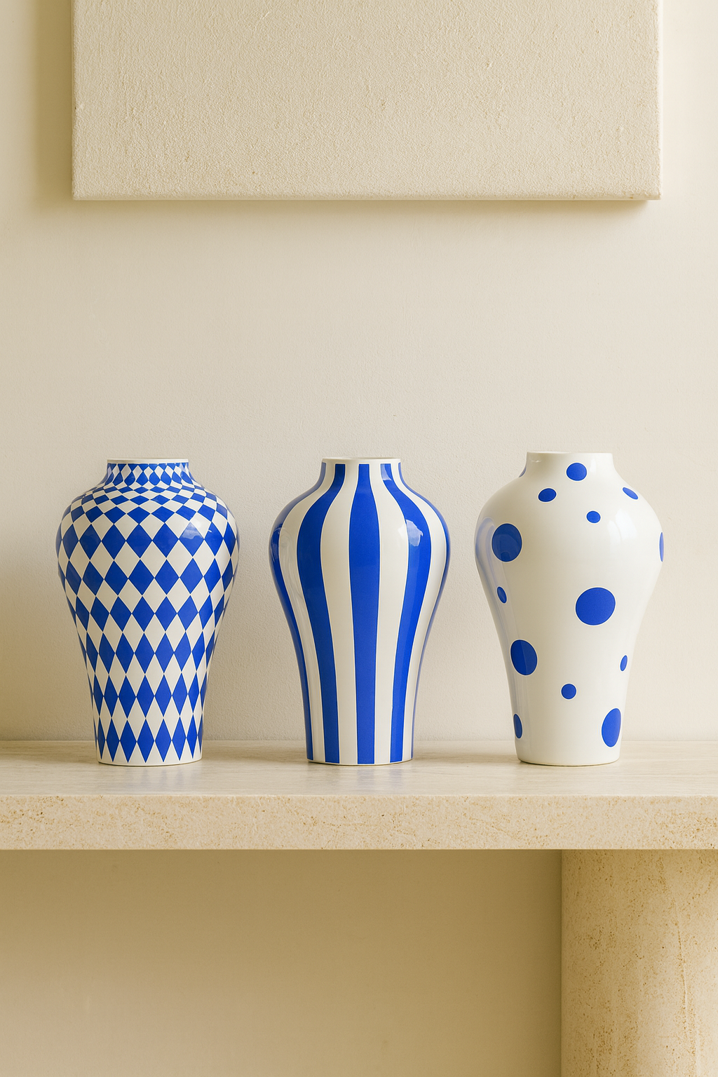 Vase en Céramique Bleue – Motifs Géométriques Modernes (Rayures, Losanges, Pois) – Déco Design 25 cm