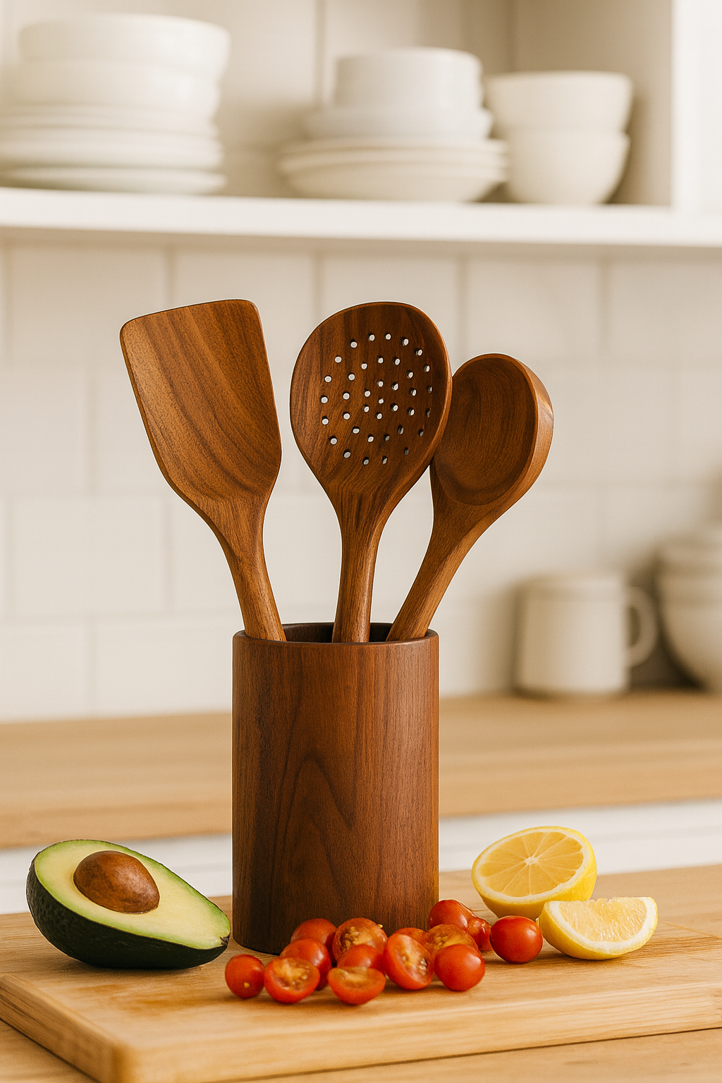 Ensemble d’Ustensiles de Cuisine en Bois avec Pot – Kit 8 pièces Premium (Cuillères, Spatules, Louche, Fourchette) – Éco-responsable & Durable