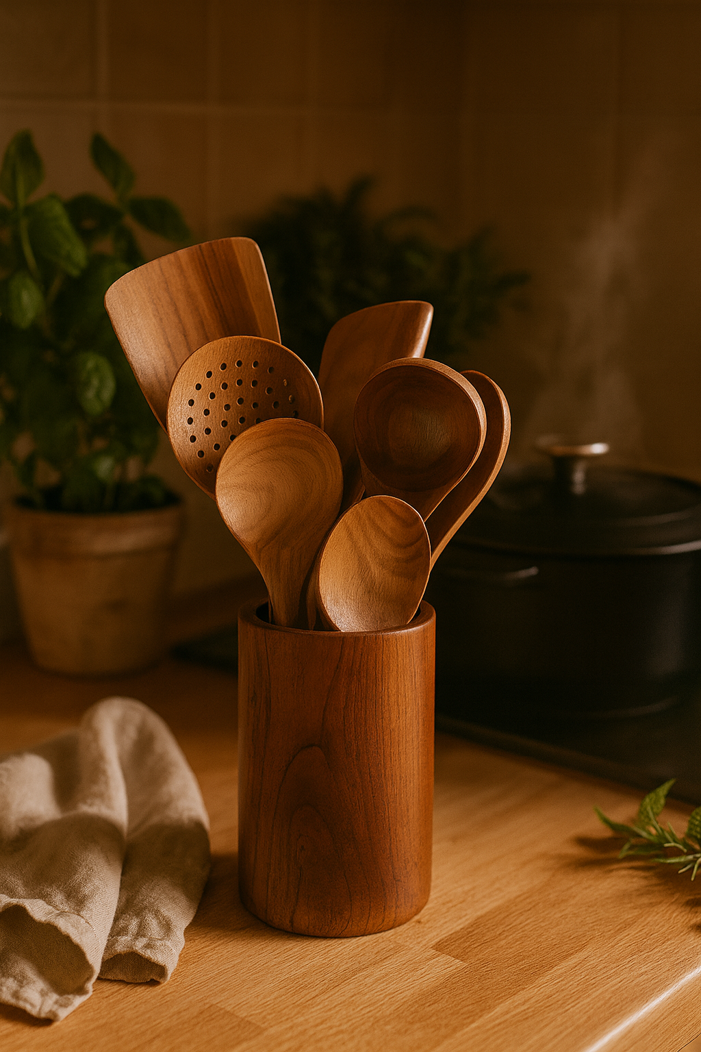 Ensemble d’Ustensiles de Cuisine en Bois avec Pot – Kit 8 pièces Premium (Cuillères, Spatules, Louche, Fourchette) – Éco-responsable & Durable
