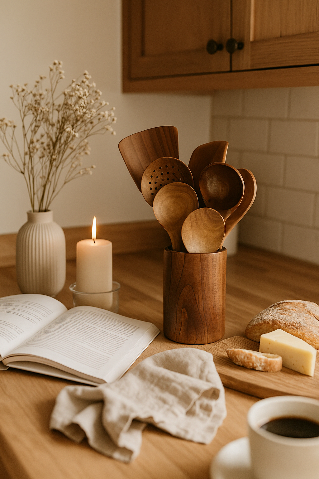 Ensemble d’Ustensiles de Cuisine en Bois avec Pot – Kit 8 pièces Premium (Cuillères, Spatules, Louche, Fourchette) – Éco-responsable & Durable