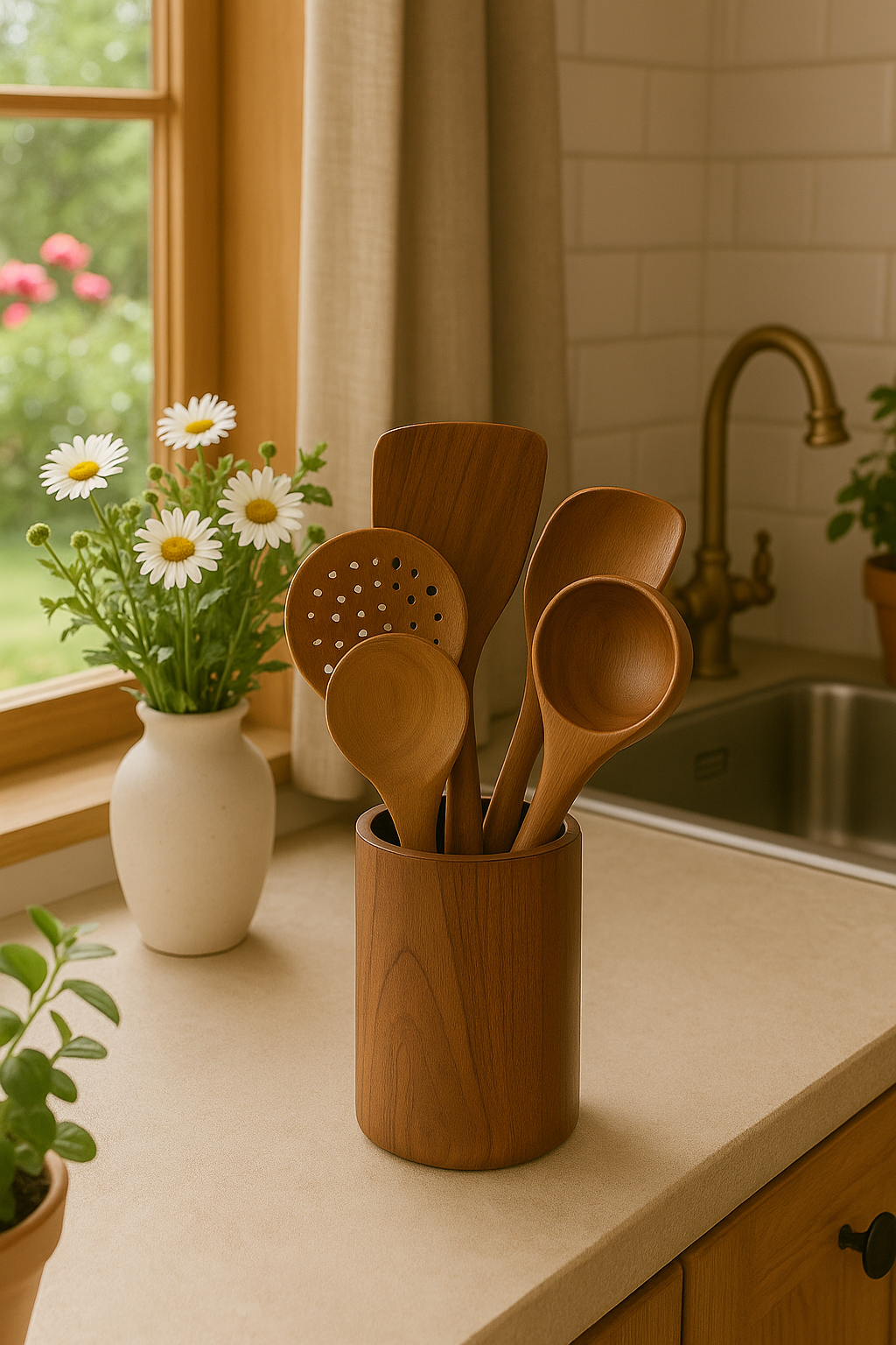 Ensemble d’Ustensiles de Cuisine en Bois avec Pot – Kit 8 pièces Premium (Cuillères, Spatules, Louche, Fourchette) – Éco-responsable & Durable