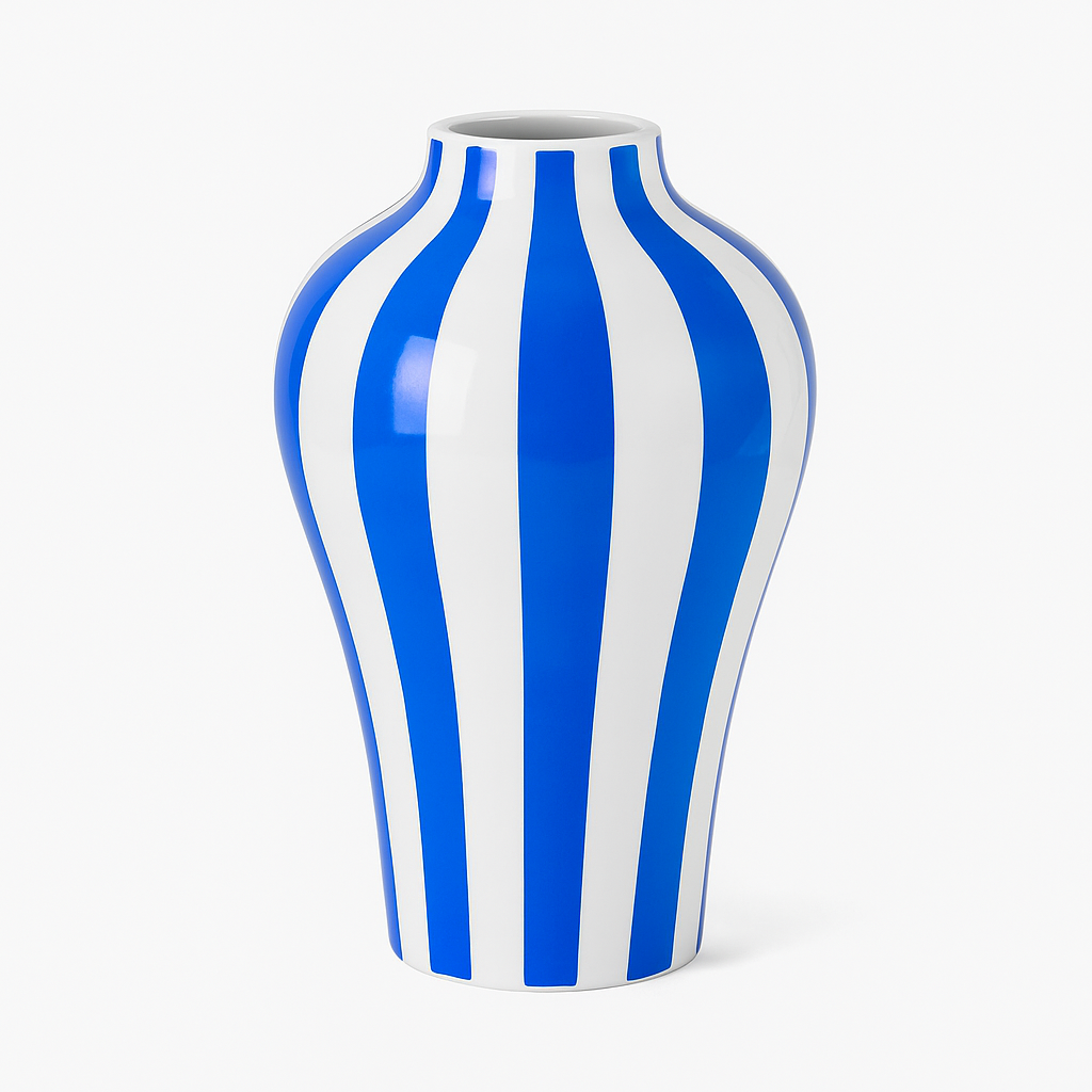 Vase en Céramique Bleue – Motifs Géométriques Modernes (Rayures, Losanges, Pois) – Déco Design 25 cm