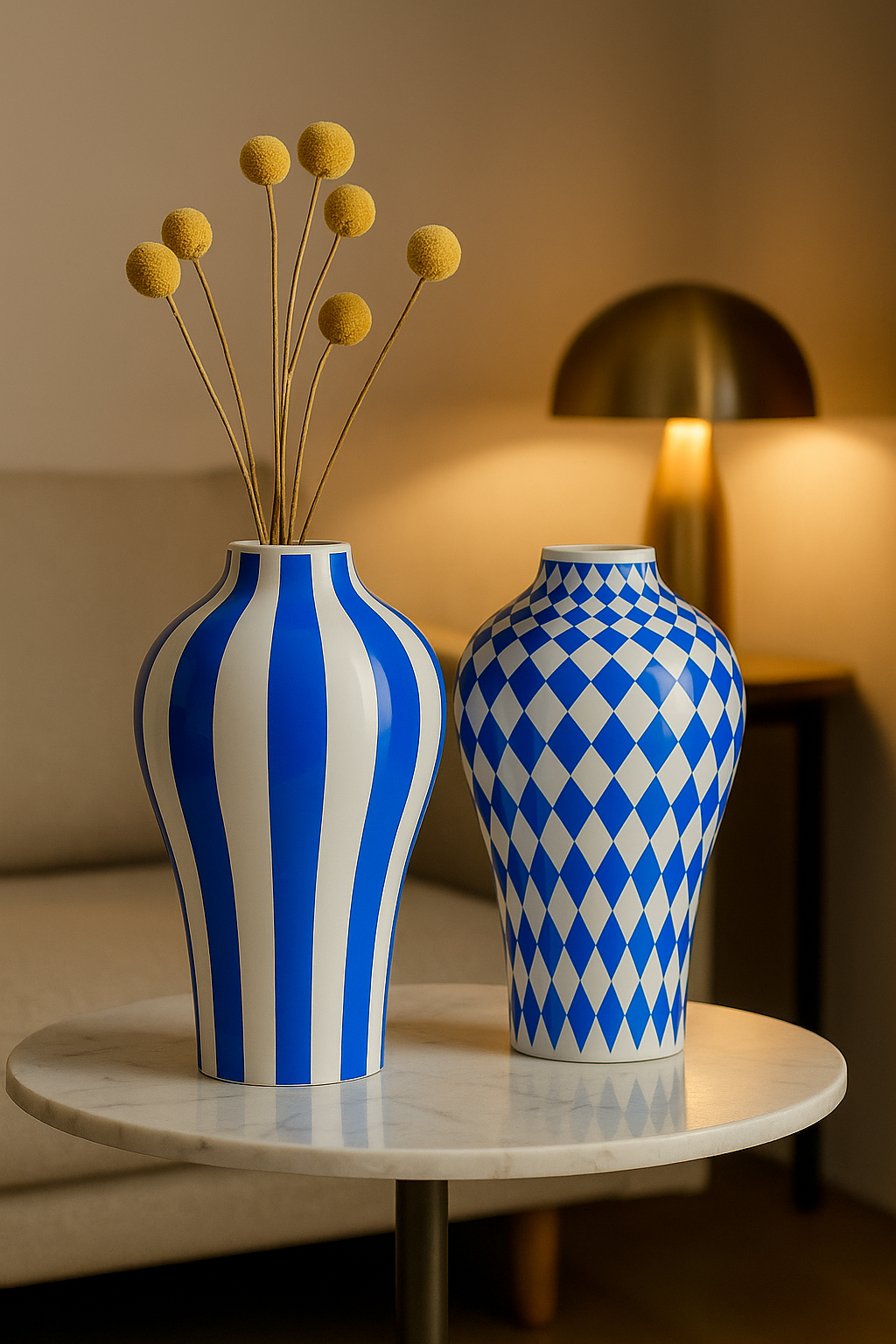 Vase en Céramique Bleue – Motifs Géométriques Modernes (Rayures, Losanges, Pois) – Déco Design 25 cm