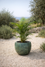 Pot Fabien Mystic Green – Cache-pot rond en métal vert fait main mat texturé Ø57xH54