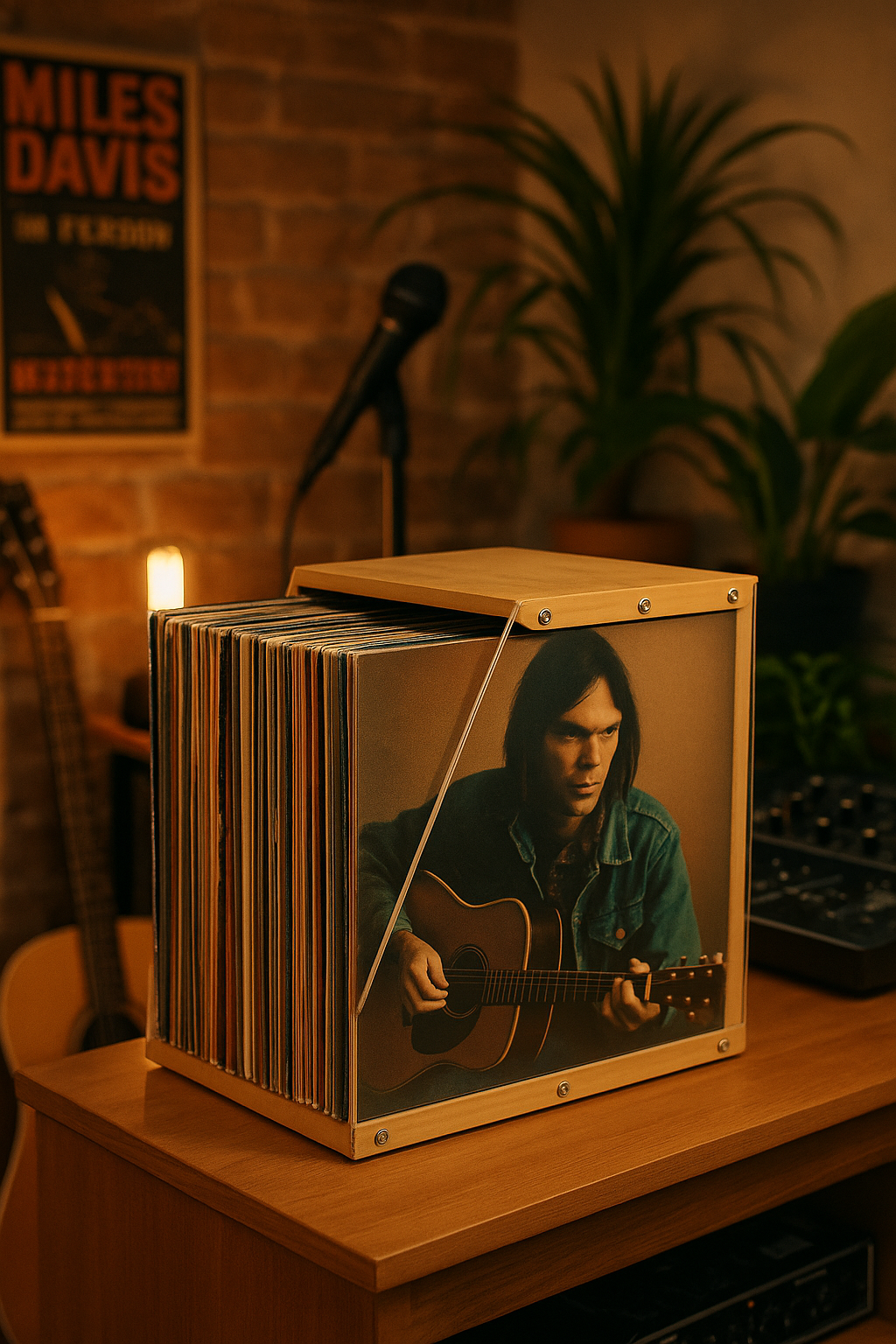 Schallplattenhalter aus Holz und Plexiglas – Schallplattenaufbewahrung, Schallplattenhalter im Design für über 40 LPs – Transparenter und eleganter Organizer