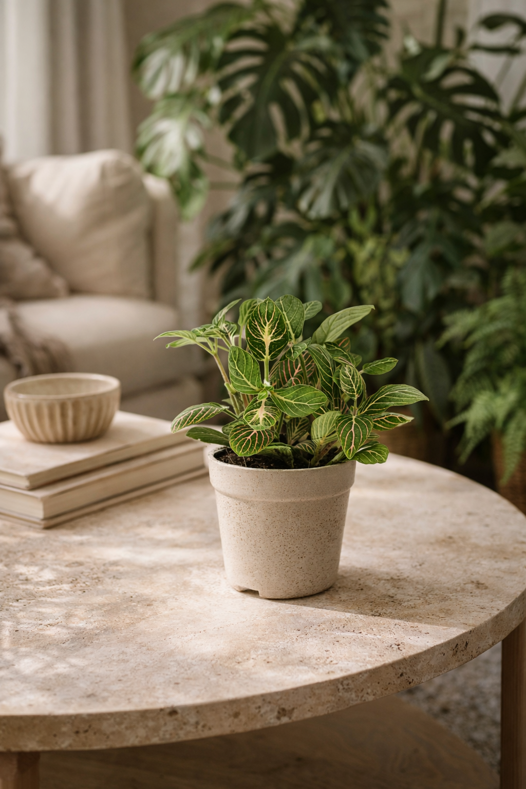 Fittonia Joly Josan – plante mosaïque rouge et verte tropicale – Ø8,5 cm